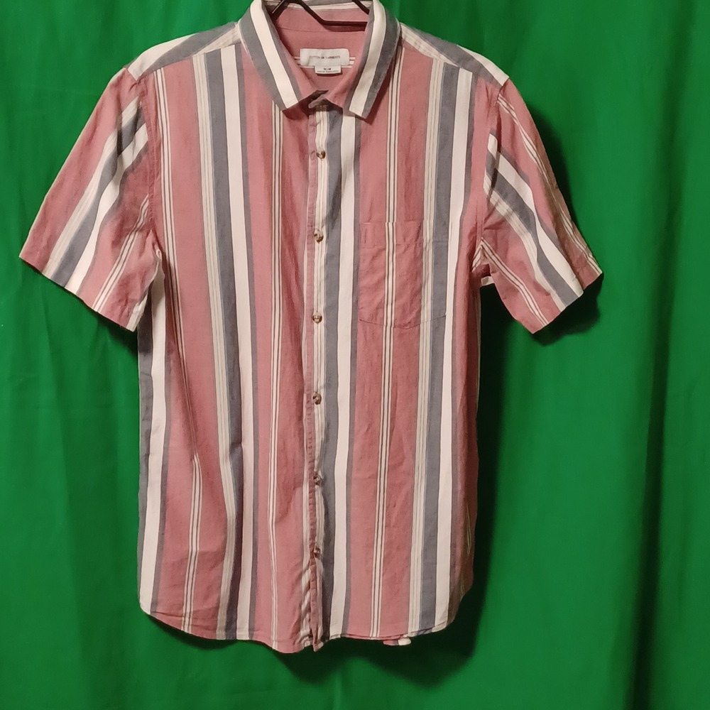 Cotton On Mens Short Sleeve Striped‎ Button Down Shirt Red Blue White Medium